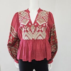 Anthropologie Top Blouse Size 8 Keira Embroidered Peplum Puff Long Sleeve Red